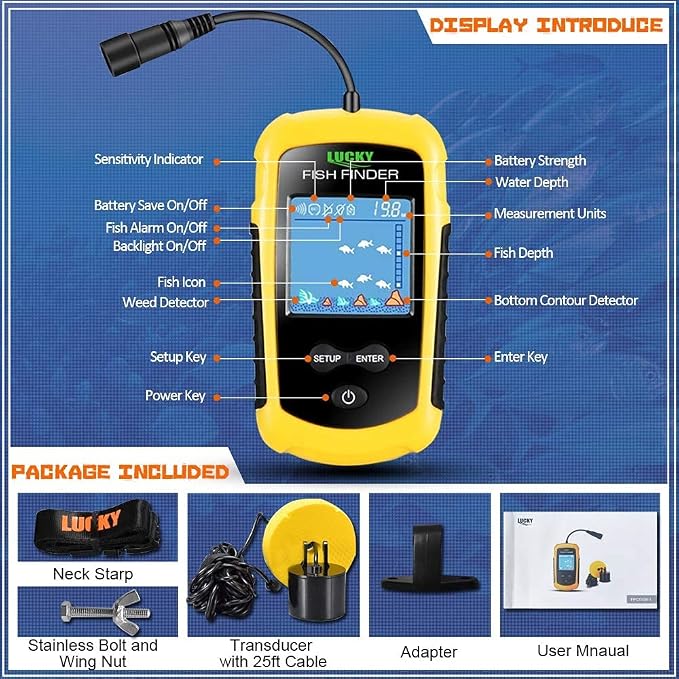 LUCKY Kayak Portable Fish Depth Finder Water Handheld Fish Finder Sonar Castable Kayak Boat Fishfinder Transducer Fishing LCD Display FFC1108