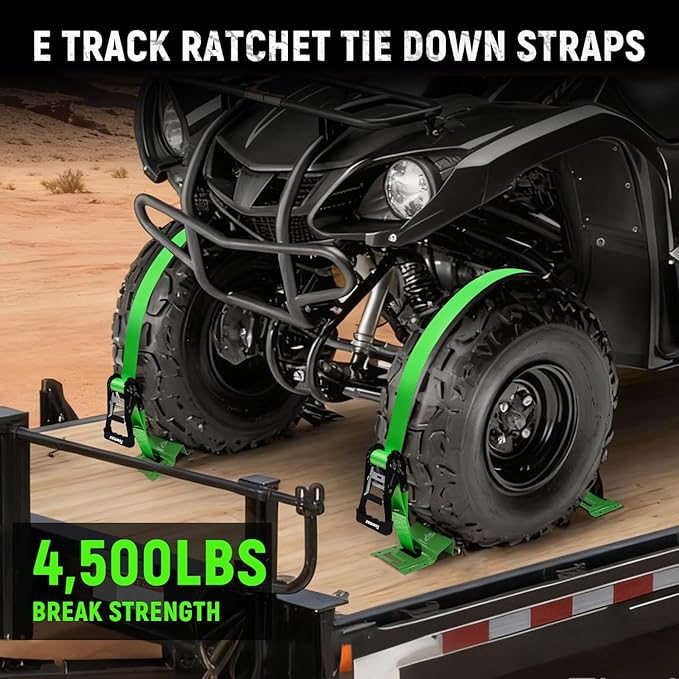 UTV Wheel Chock Tie-Down Kit - 4,500lb Break Strength Heavy Duty Trailer Tire Straps System - 4Pack 2" x 8' E Track Ratchet Straps for SXS, UTV, ATV, Lawn Mower (Bright Green)