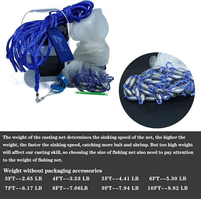 Drasry Saltwater Fishing Cast Net for Bait 3/8 1/4 or 1/2 with Heavy Sinkers Fish Trap Throw Net. Size 3ft/4ft/5ft/6ft/7ft/8ft/9ft/10ft Radius Freshwater Nets