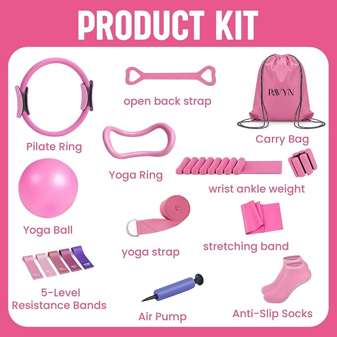 Pilates Kit for Women – 16 Pcs Home Pilates Equipment Set with Magic Circle Ring, Ball, 5 Resistance Bands, Yoga Strap, Ankle Weights, Grip Socks & More | Pilates Starter Kit