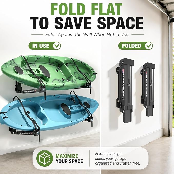 Kayak Storage Hooks Wall Mount Rack, Heavy Duty Garage Storage Hangers with Folding Arms, Adjustable Width, Non-Slip Padding and Secure Strap for Kayak Canoe Paddle Board Surfboard, Indoor Outdoor Use