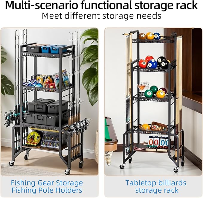 Fishing Gear Storage Fishing Pole Holders for Garage- Rod Holder up to 10 Rods with Wheels and 4 layer of large capacity Shelf，Fishing Organizer for Large Tackle Box -Fishing Gear Storage