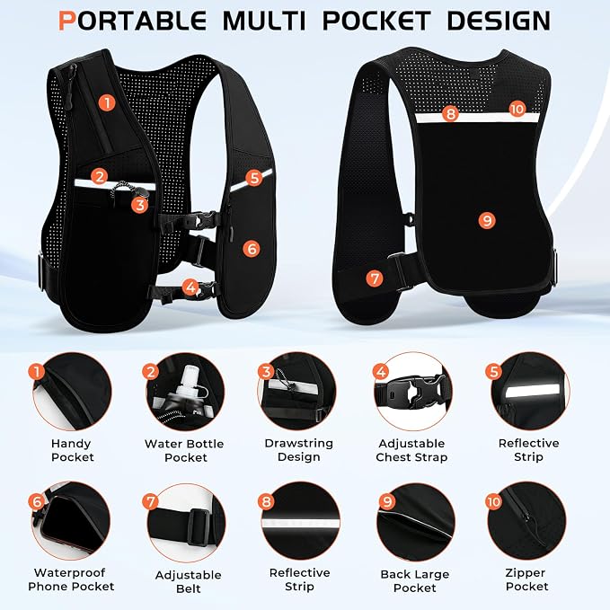 Running Vest for Women Men, Adjustable Chest Straps Running Hydration Vest for Marathon Jogging Trail Race Cycling Hiking, Lightweight Reflective Hydration Backpack with 500ml Soft Flask