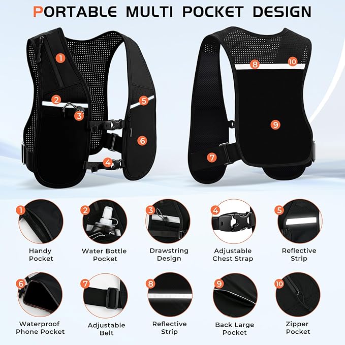 Running Vest for Women Men, Adjustable Chest Straps Running Hydration Vest for Marathon Jogging Trail Race Cycling Hiking, Lightweight Reflective Hydration Backpack with 500ml Soft Flask