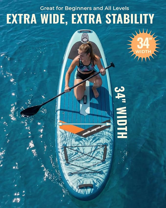 11'x34 Inflatable Paddle Board for Adults Youth, Extra Wide 430LBS Capacity SUP, Stable 2-3 Person Family for Lake Ocean Fishing Surfing Yoga, Includes Accessories