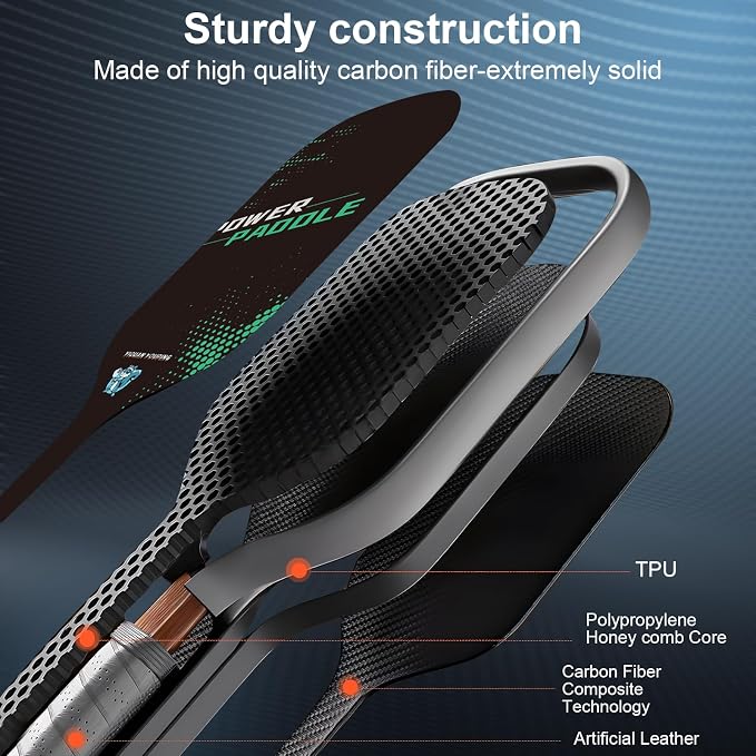 Carbon Fiber Pickleball Paddles - 16mm Shock-Absorbing Honeycomb Core & Anti-Slip Grip | Lightweight Racket for Beginners Professionals | Indoor Outdoor Tournament Use
