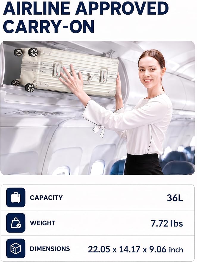 20 Inch Carry On Luggage with Aluminum Frame, Zipperless PC Hard Shell Suitcase with TSA Lock & 360° Spinner Wheels, Airline Approved Carry-On, White
