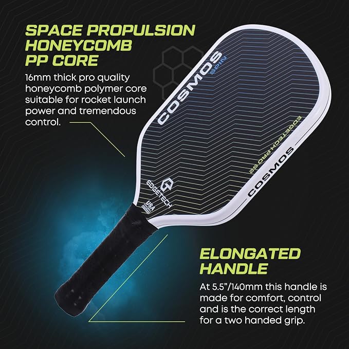 Cosmos Spin | Edgetech Pickleball 16mm Paddle + Cover | Dual Layer Surface - Titanium Weave Base - T700 Raw Carbon Fiber Surface | Orbit Grooves for Spin | Space Propulsion Honeycomb PP Core