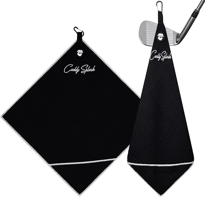 Caddy Splash Pocket Mag Towel – Magnetic Microfiber Golf Towel with Ball Pocket, Ultra-Absorbent & Durable, Strong Magnet & Carabiner for Easy Bag Attachment – The Ultimate Golf Towel-Black/White