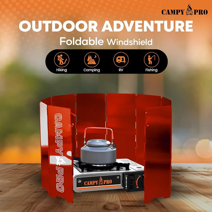 Red Camping Stove Windscreen, 12-Plates Premium Aluminum Wind Guard Shield, Foldable Portable Design with Storage Box, Heavy-Duty, Butane Burner Windshield for Outdoor Cooking