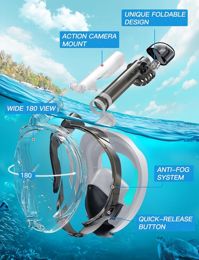 Full Face Snorkel Mask for Adults, 180° Panoramic Anti-Fog Snorkeling Gear with Dry Top System & Camera Mount, Foldable Anti-Leak Design for Travel, Swimming & Ocean Snorkeling