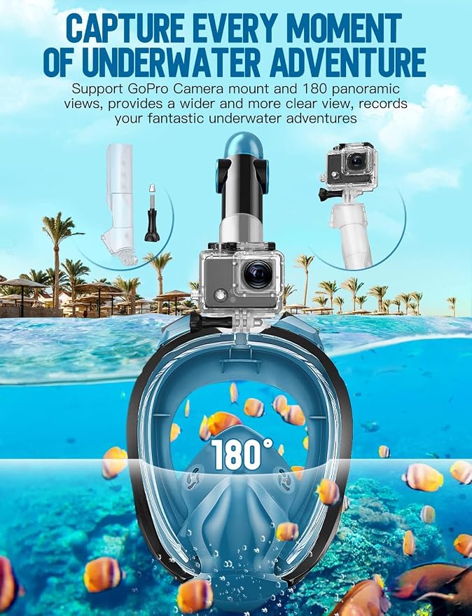 Full Face Snorkel Mask for Adults, 180° Panoramic Anti-Fog Snorkeling Gear with Dry Top System & Camera Mount, Foldable Anti-Leak Design for Travel, Swimming & Ocean Snorkeling