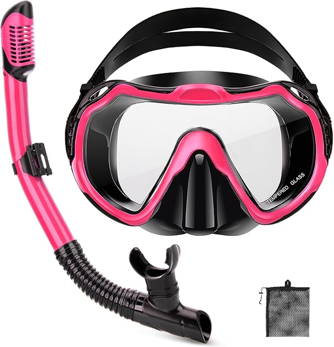 Snorkeling Gear for Adults, Adult Snorkel Set with Panoramic Anti-Leak and Anti-Fog Tempered Glass Snorkel Mask, Dry Top Snorkel, Snorkle Mask Set Adult with Mesh Bag Ear Plug for Snorkeling