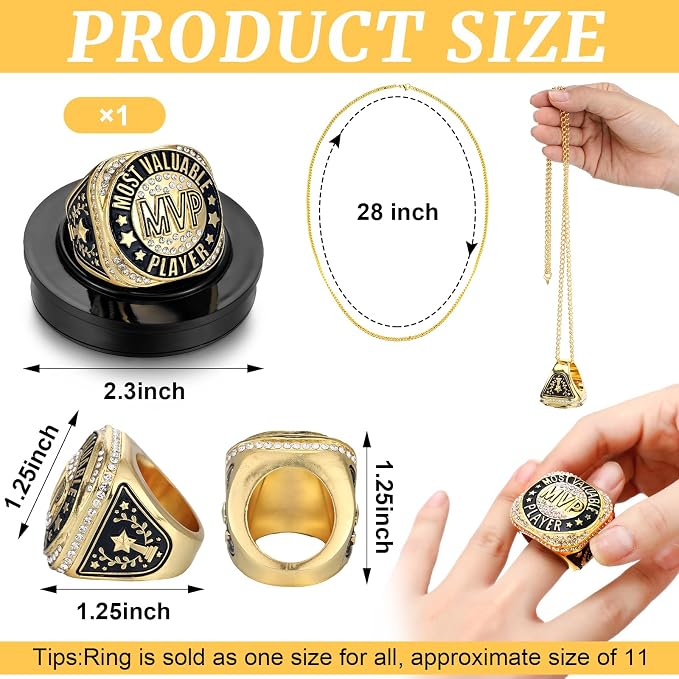 Highergo 1 PC Champion Mvp Rings Baseball Soccer Basketball Volleyball Football Softball Trophy Ring with Display Stand and Neck Chain Size 11 for Winner Tournament Award Gift(Baseball)