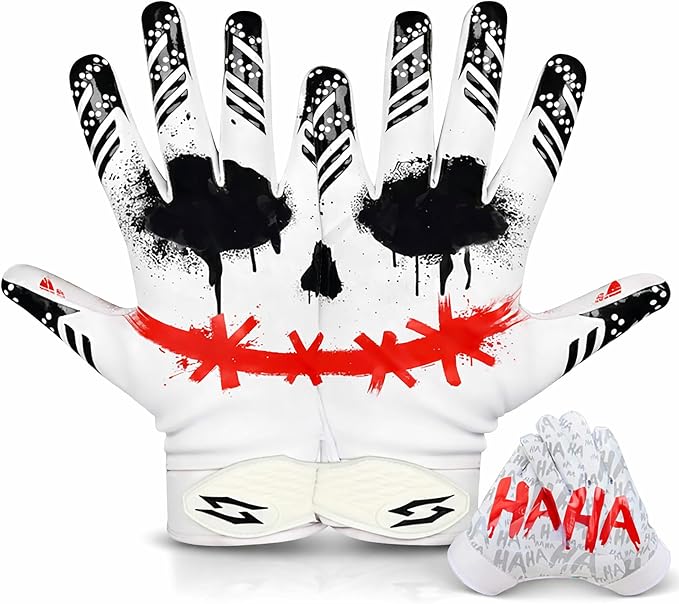 Jester Football Receiver Gloves White – White with Red Joker Smile Battle College Lineman Tacky Pro Grip Palms Football Gloves Men Adult Youth Kids Boys Unleash Your Venom