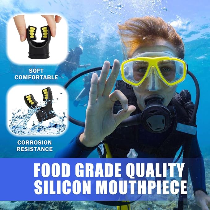 Scuba Diving Mouthpiece, Silicone Snorkel Mouthpiece Regulator Replacement with Regulator Tie Fits Most Standard Regulators Scuba Diving Accessories, Orange/Black/Yellow/Green