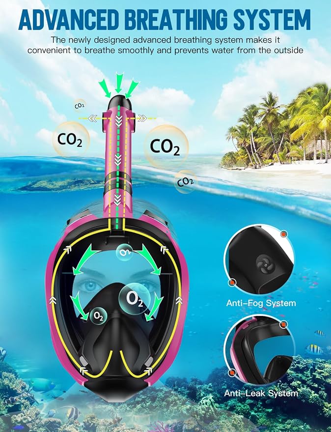 Full Face Snorkel Mask for Adults, 180° Panoramic Anti-Fog Snorkeling Gear with Dry Top System & Camera Mount, Foldable Anti-Leak Design for Travel, Swimming & Ocean Snorkeling