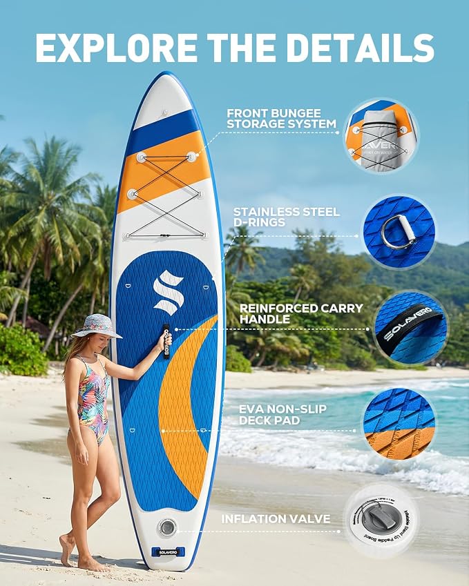 SOLAVERO Stand Up Paddle Board, 11‘ Inflatable SUP Supports 500LB - Wide Stable Board with Non-Slip EVA Deck for Adults & Youth of All Skill Levels