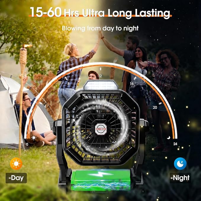 Solar Powered Fan,【Max 60H Runtime】Rechargeable Solar Camping Fans & Led Lantern,8-inch Portable Fan with Solar Panel,Battery Operated Powered Outdoor Tent Fans for Camping Essentials Accessories