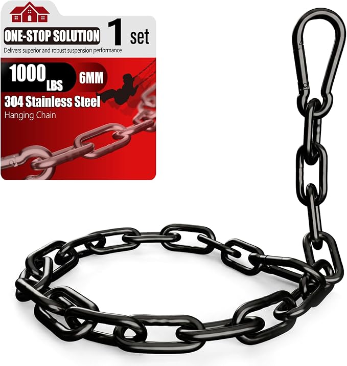 sprookber 1000LB Heavy Duty Hanging Swing Chain, 6mm Thick 304 Stainless Steel Hanging Chain with 2 Carabiners, 25" Hardware Kit for Hammock, Hanging Chair, Punching Bags, Tree, Indoor & Outdoor
