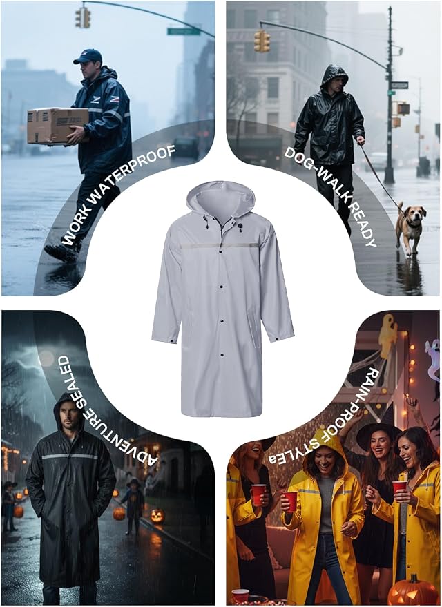 Mens Long Hooded Safety Rain Jacket Waterproof Emergency Raincoat Poncho