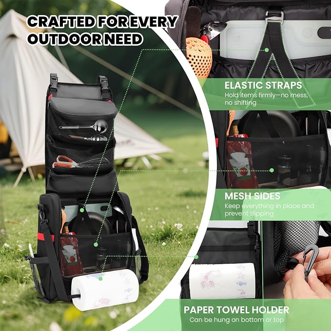 Camp Kitchen Organizer, Hanging Cooking Tools Storage Caddy Bag with Paper Towel Holder & Multi-Pockets, Portable Camping Utensils Kitchen Cookware Bag, Car Travel, Picnic, BBQ Essentials Camping Gift
