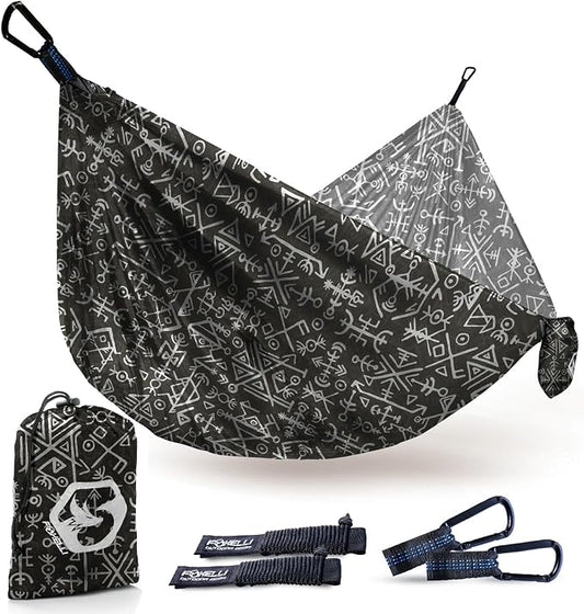 Foxelli Camping Hammock – Ultralight Hammock for Backpacking, Hiking, Festivals, Travel - Easy Setup with Tree-Friendly Ropes & Steel Carabiners, Heavy Duty Parachute Nylon