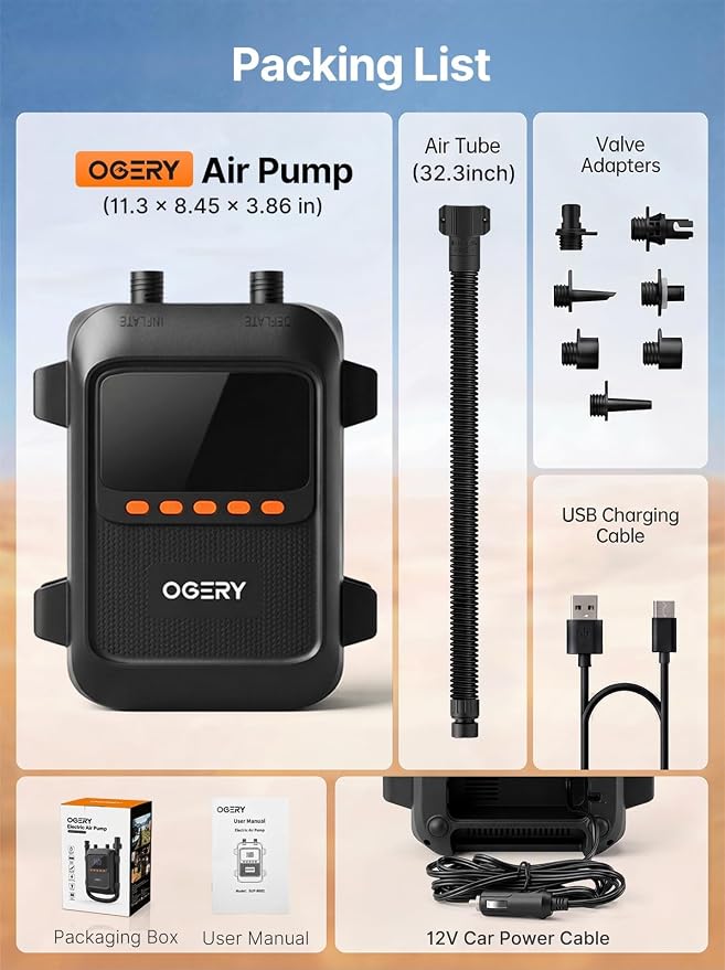 OGERY Paddle Board Electric Pump, 3X Faster Inflation & Deflation, Dual Power SUP Pump with Smart Auto-Off, Up to 20 PSI, Digital Pressure Display, 7 Nozzles for SUP Kayaks Tents Air Mattresses Boats