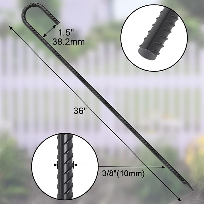 J Hook Rebar Stakes - 36 Inch, 3/8 Inch Diameter Steel Tent Stakes - Heavy Duty Chain Link Fence & Trampoline Stakes with Chisel Point End - Black (16 Pcs)