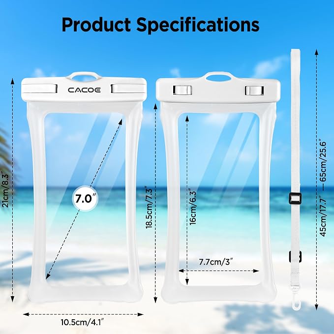 CACOE [Floatable] Floating Universal Waterproof Phone Case 2 Pcs-Up to 7.0",Waterproof Phone Pouch with Adjustable Neck Lanyard,IPX8 Cellphone Dry Bags for Beach Pool Swimming（White+Blue）