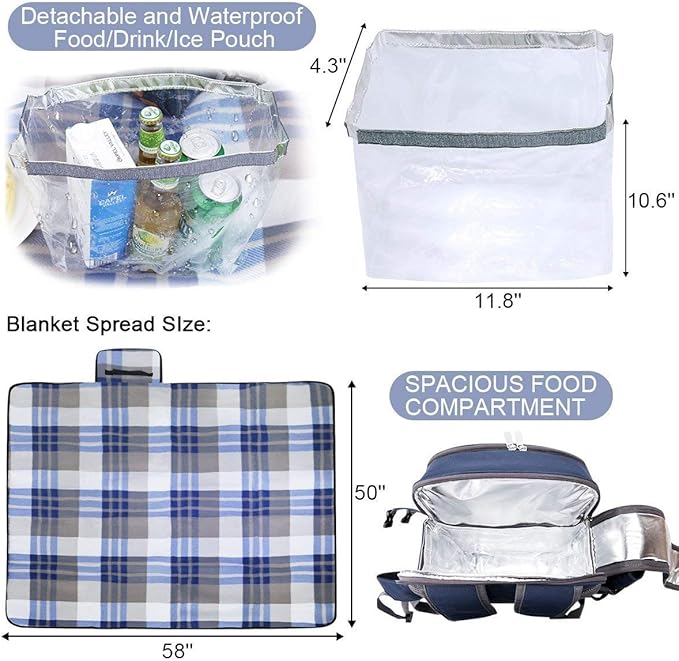 Sunflora Picnic Backpack for 4 Person Set Pack with Insulated Waterproof Pouch for Family Outdoor Camping (Navy Blue)
