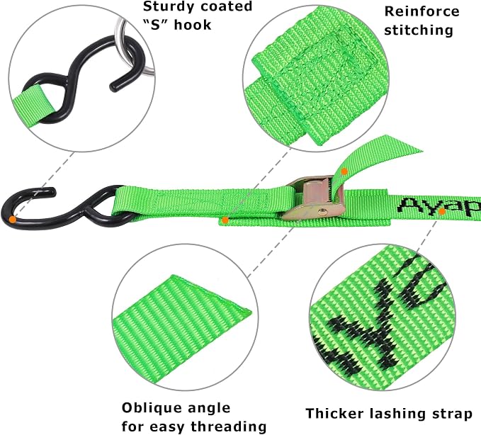 Ayaport Cam Buckle Tie Down Straps 10 feet 2200lbs Break Strength Green Securing Straps with S Hooks for Motorcycle, Kayak, Car, Truck, Dirt Bike