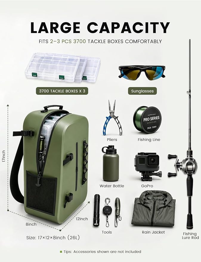 Floating Fishing Backpack IP68 Waterproof Submersible Zipper, Tackle Backpack Fits 2-3 3700 Tackle Boxes, 840D PVC Tackle Backpack with 3 Rod Holders, Fishing Accessories Gift for Men & Women