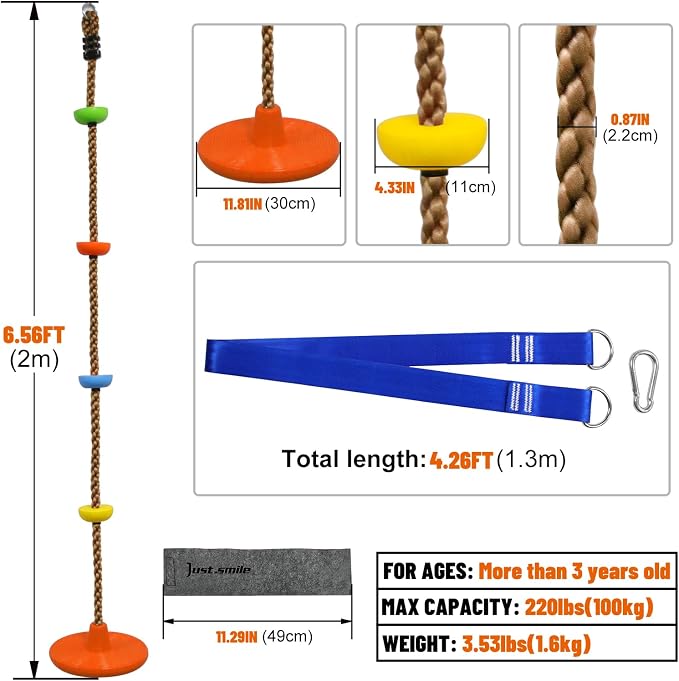 Tree Swing for Kids,Climbing Rope with Platforms,Disc Swing Seat Set Outdoor Playground Accessories for Kids-Include Carabiner, 4ft Tree Strap and Tree Protector (Orange)