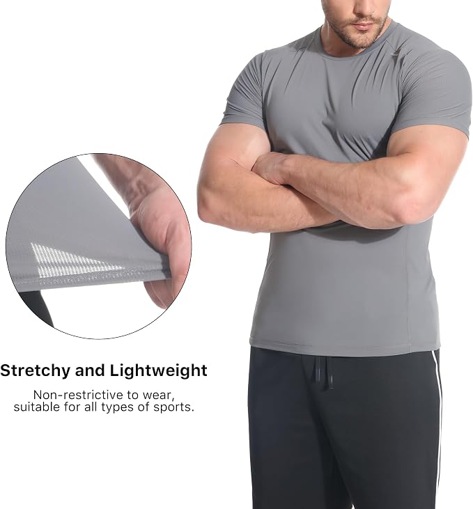 BROKIG Mens 4.9oz Cooling Gym Workout Shirts,Bodybuilding Athletic Running Shirt Casual Crew Neck Fitted Short Sleeve