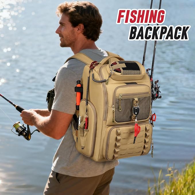 Fishing Tackle Backpack,Tackle Bag with 2 Rod Holders,Water-Resistant Large Storage Fishing Gear and Equipment (B-Khaki)