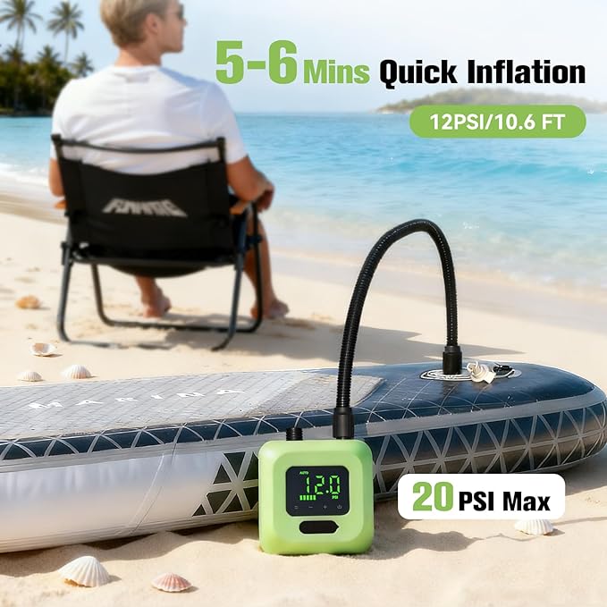 Electric SUP Air Pump with Battery, 20 PSI High Pressure Rechargeable Paddle Board Pump, Dual Stage Inflation, Auto Shut-Off for Kayak, Kite Wings, Tents & Air Mattresses