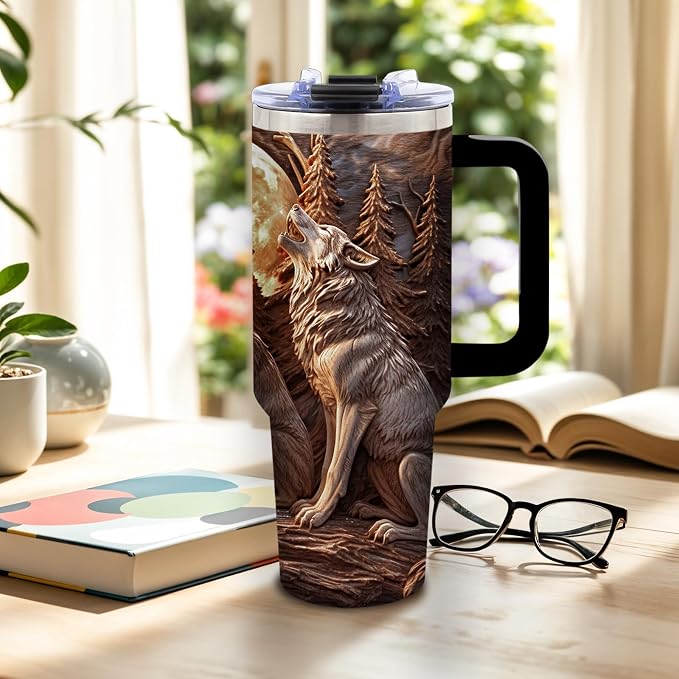 DUUV Wolf Tumbler 40oz, Insulated Wolf Cup Gifts for Man | Wolves Tumbler with Pine Trees Leakproof, Animal Print Water Bottle for Dad, Fathers Day Ideal Gifts for Wolf Lovers, 1 Pack