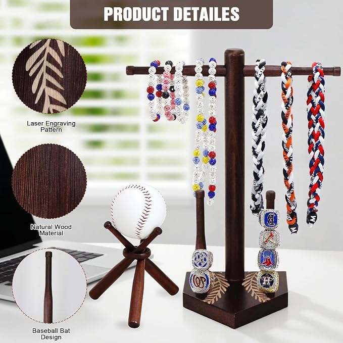 SkillDance Wooden Baseball & Softball Ring and Necklace Holder, Championship Ring Display with Baseball Stand, 3-in-1 Home Plate Baseball Jewelry Organizer, Gift for Baseball Players & Fans