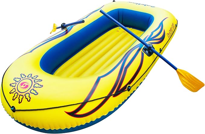 SOLSTICE Inflatable Boat Rafts 3 Person for Adults & Kids Comes W/ Oars Paddles Pump Pole Oar Holders Cushioned Comfortable Base Grab Line 8 Ft Size Sunskiff Kits Dinghy Air Floor Yellow