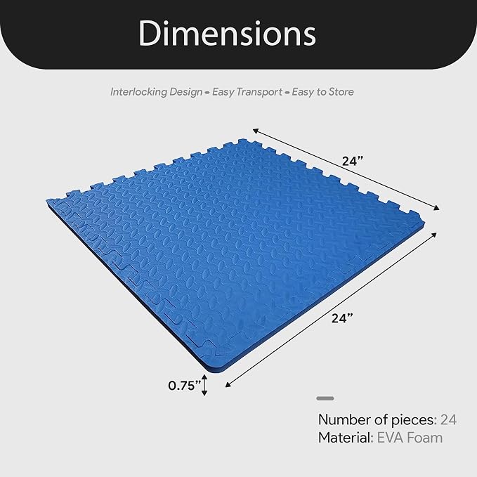 BalanceFrom Puzzle Exercise Mat 3/4" Thick, EVA Interlocking Foam Floor Tiles for Home Gym, Mat for Home Workout Equipment, Floor Padding for Kids, Blue, 24 in x 24 in x 3/4 in, 96 Sq Ft - 24 Tiles