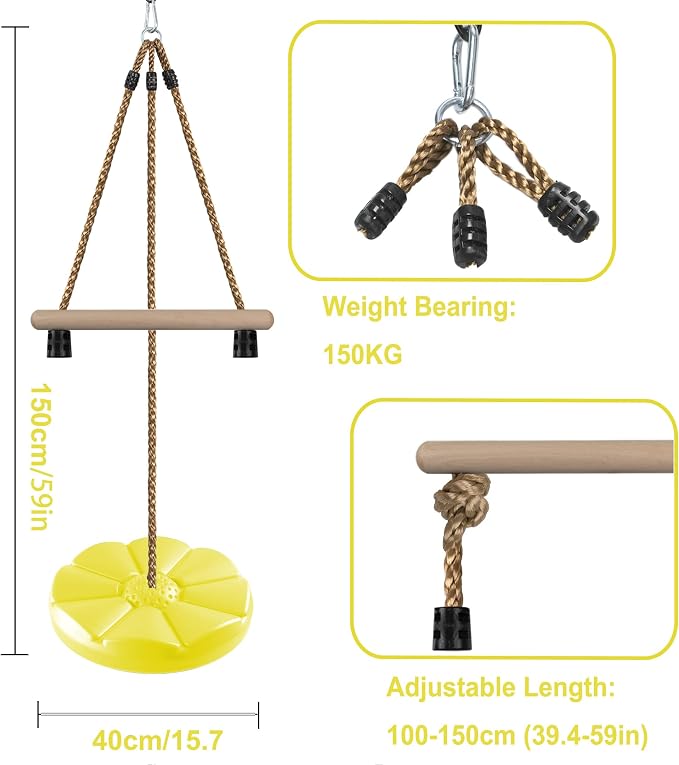KINSPORY Disc Swing for Kids, Swing Set Accessories, 7FT Height Adjustable Gym Monkey Bars, Hanging Tree Seat for Backyard, Outdoor Play Equipment (Yellow)
