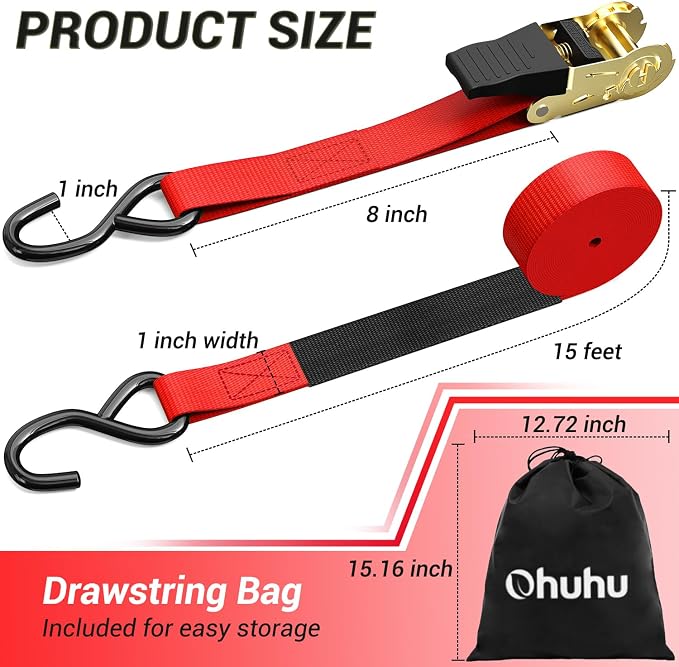 Ratchet Tie Down Strap 8-Pack 15 Ft - 500 lbs Load Cap with 1500 lbs Breaking Limit, Ohuhu Ratchet Tie Downs Logistic Cargo Straps for Moving Appliances, Motorcycle (Red)