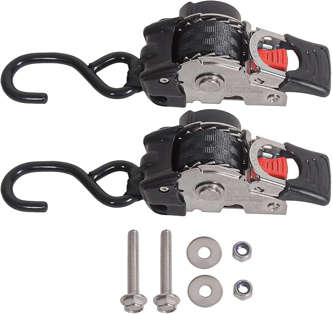 MOTO4U 1" x 6' Bolt-On Retractable Ratcheting Tie-Down Strap,Stainless Steel AutoRetract Marine Strap Transom Tie Downs w/S Hook for Motorcycle Boats Trailers（one Pair）