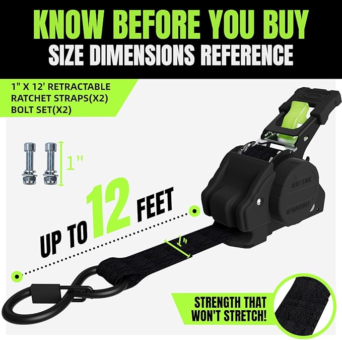Boat Transom Retractable Ratchet Straps 2 Pack – 1″x11′ 1760lb Break Strength,Bolt On Tie Down Straps for Truck Bed,Trailer, Self-Retracting Mountable Cargo Straps