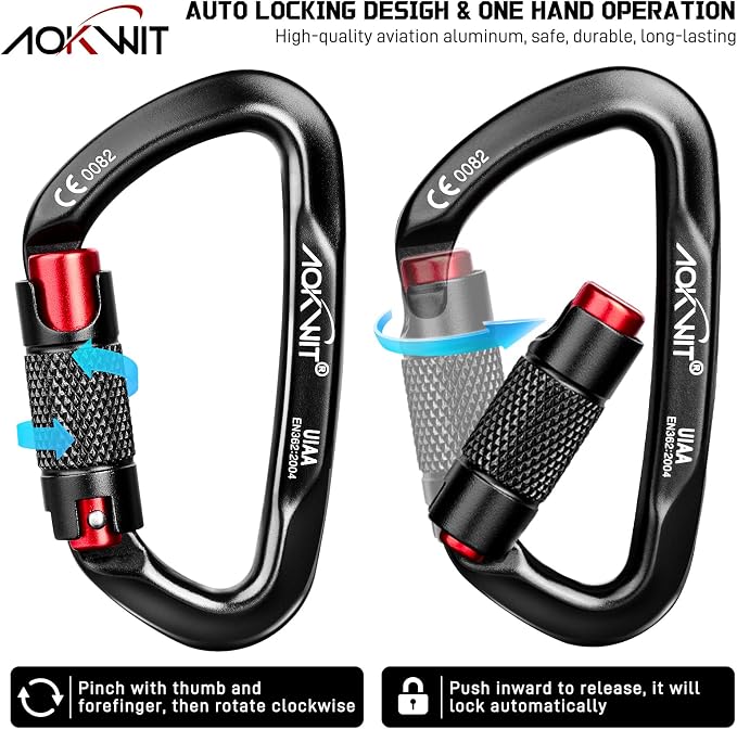 30KN Auto Locking Carabiner Clip Twist Lock UIAA Certified Large Climbing Carabiner Heavy Duty Carabiner for Rock Tree Climbing Rappelling Mountaineering Caving Rescue Arborist Aerial Yoga