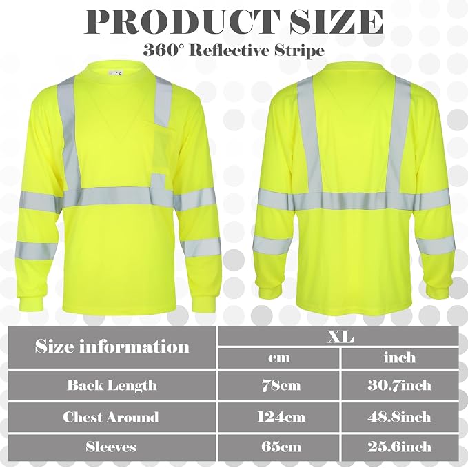 Amylove 4 Pcs Long Sleeve Safety Shirt High Visibility Reflective Construction Work Shirts for Men Women(XL,Yellow)
