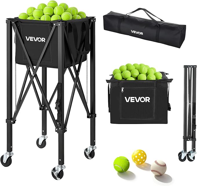 VEVOR Tennis & Pickleball Hopper Holds 200/175/150/120 Balls, 3-in-1 Tennis Foldable Pickleball Basket Cart for Easy Installation, Storage Bag for Tennis Training & Teaching