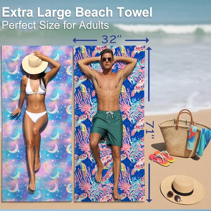 2 Pcs Microfiber Beach Towel Sand Free Quick Dry Oversized Celestial Moon and Stars Whimsical Dreamy Galaxy Pattern Pink Purple Blue Lightweight for Pool Travel 71 x 32 Inches