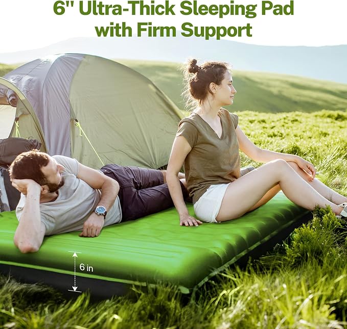 OGERY Double Sleeping Pad for Camping, 6" Extra-Thick Reinforced Camping Sleeping Pad with Pillows & Built-in Foot Pump, Ultralight Inflating Camping Mattress for Backpacking Tent Hiking Travel